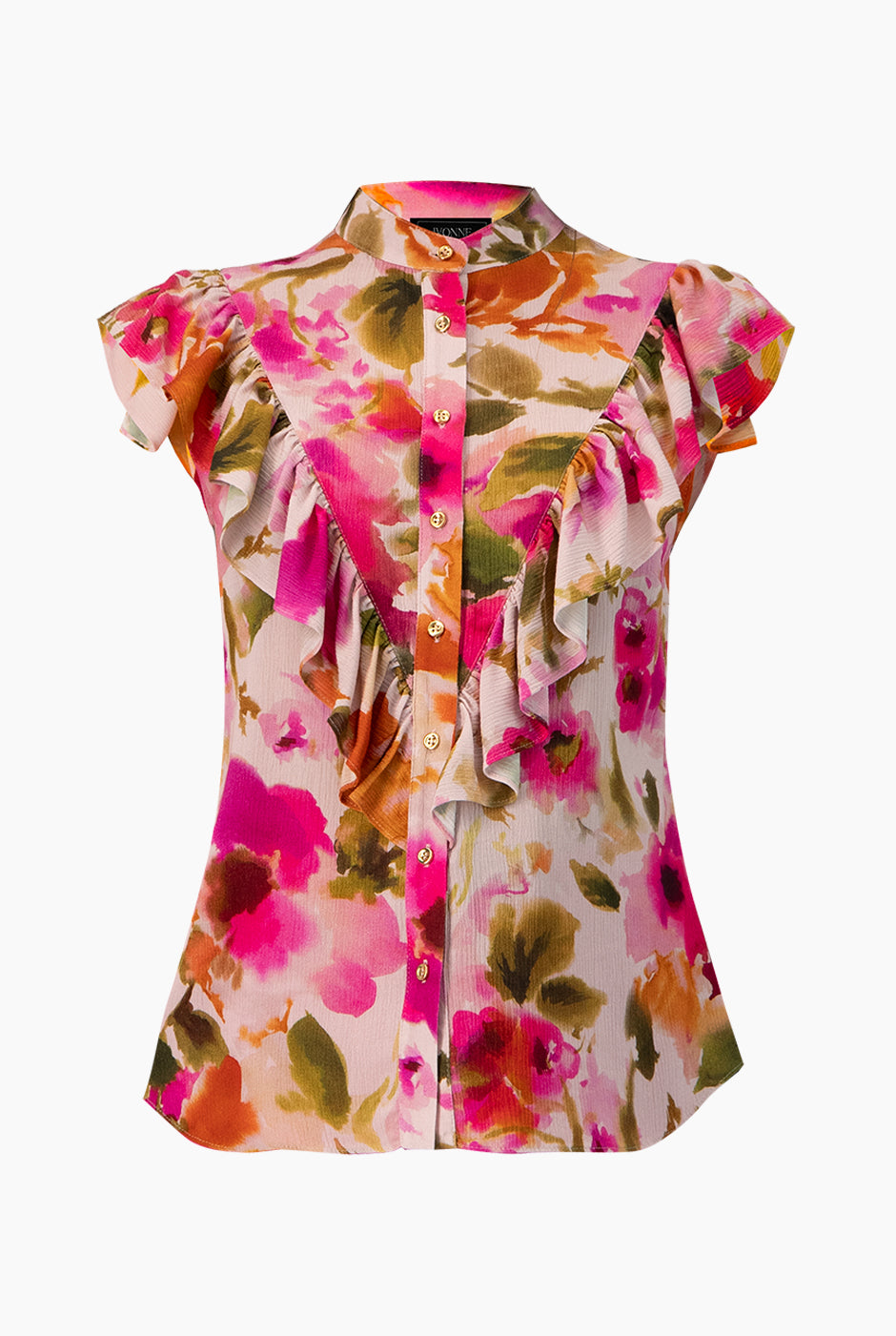 Blusa estampada multicolor sin mangas con olan y cuello alto