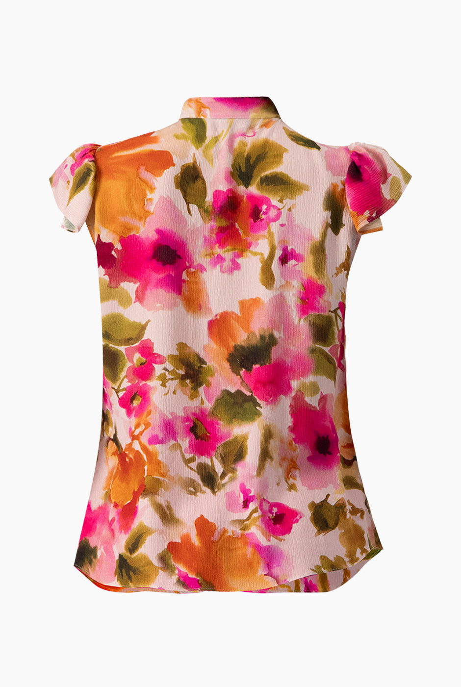 Blusa estampada multicolor sin mangas con olan y cuello alto