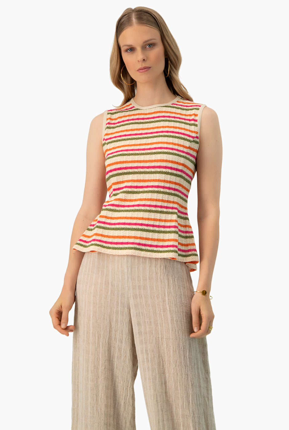Blusa peplum multicolor sin mangas con rayas horizontales