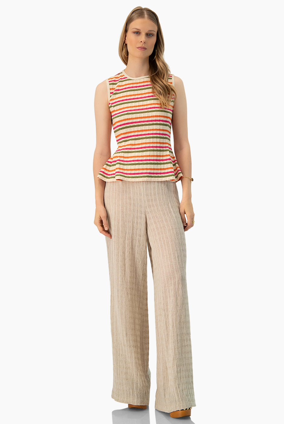 Blusa peplum multicolor sin mangas con rayas horizontales