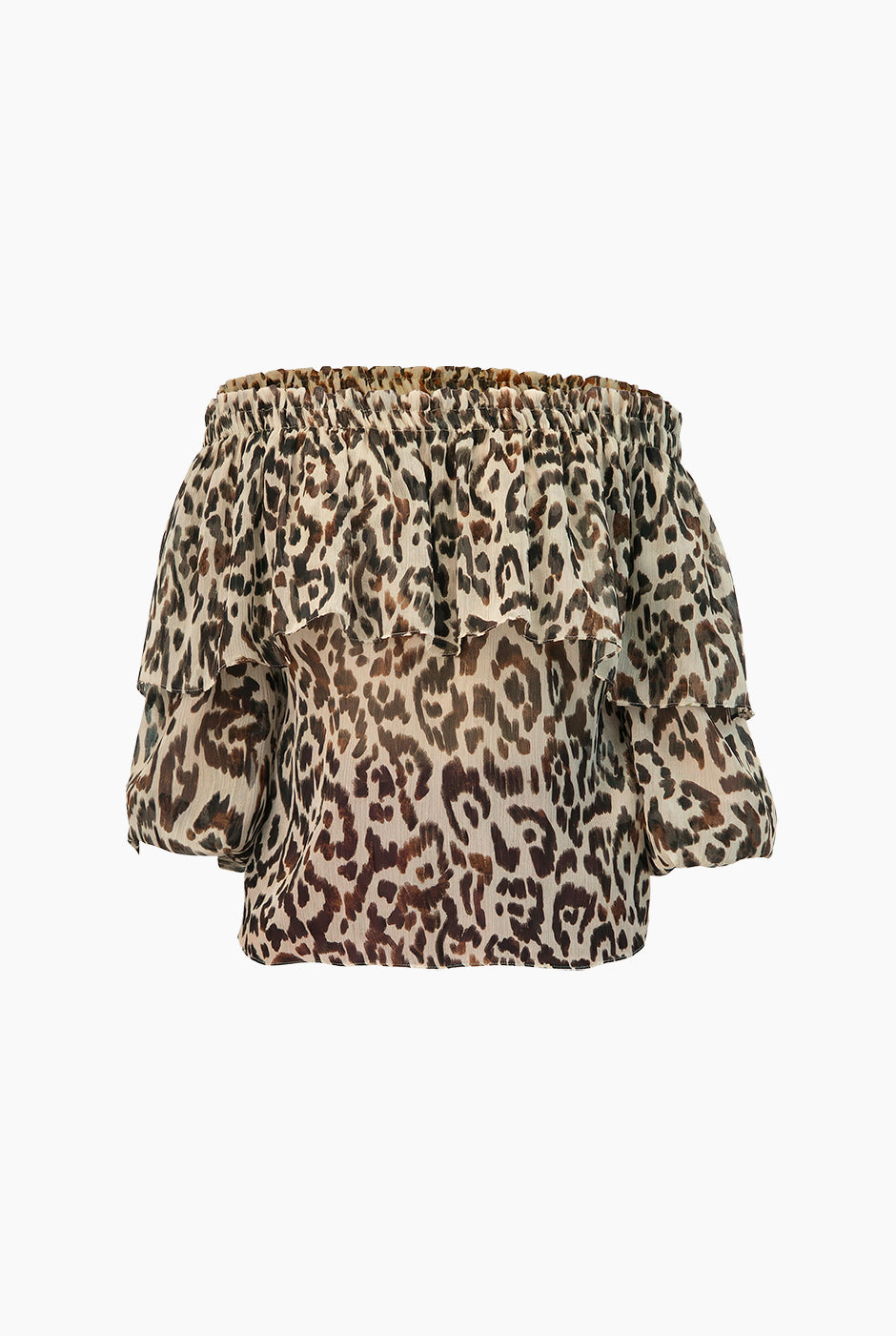 Blusa escote bardot café con estampado animal y mangas 3/4