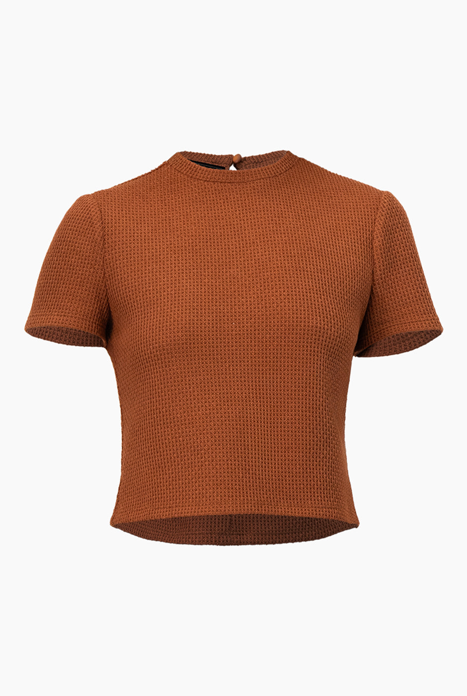 Blusa recta café de manga corta con textura tejida y cierre trasero
