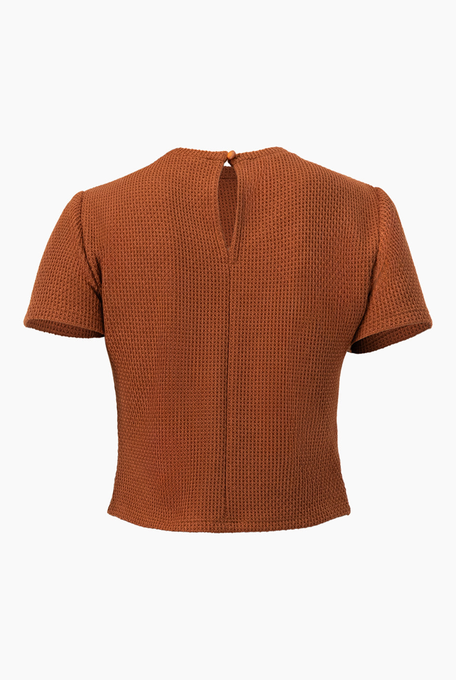 Blusa recta café de manga corta con textura tejida y cierre trasero