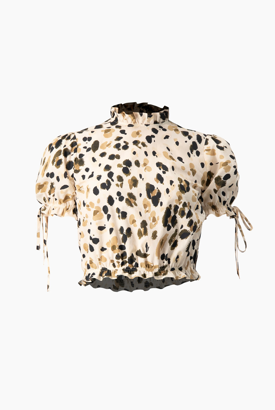Blusa estampada verde olivo con cuello alto y lazos