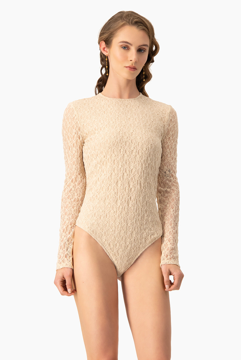 Body beige de encaje, manga larga, elegante y entallado