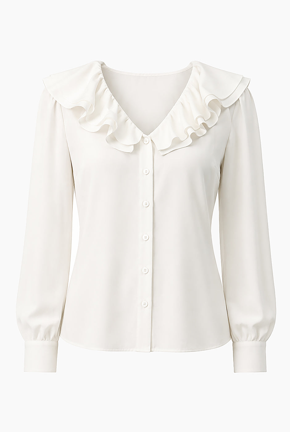 Blusa blanca de manga larga con escote en V y volantes