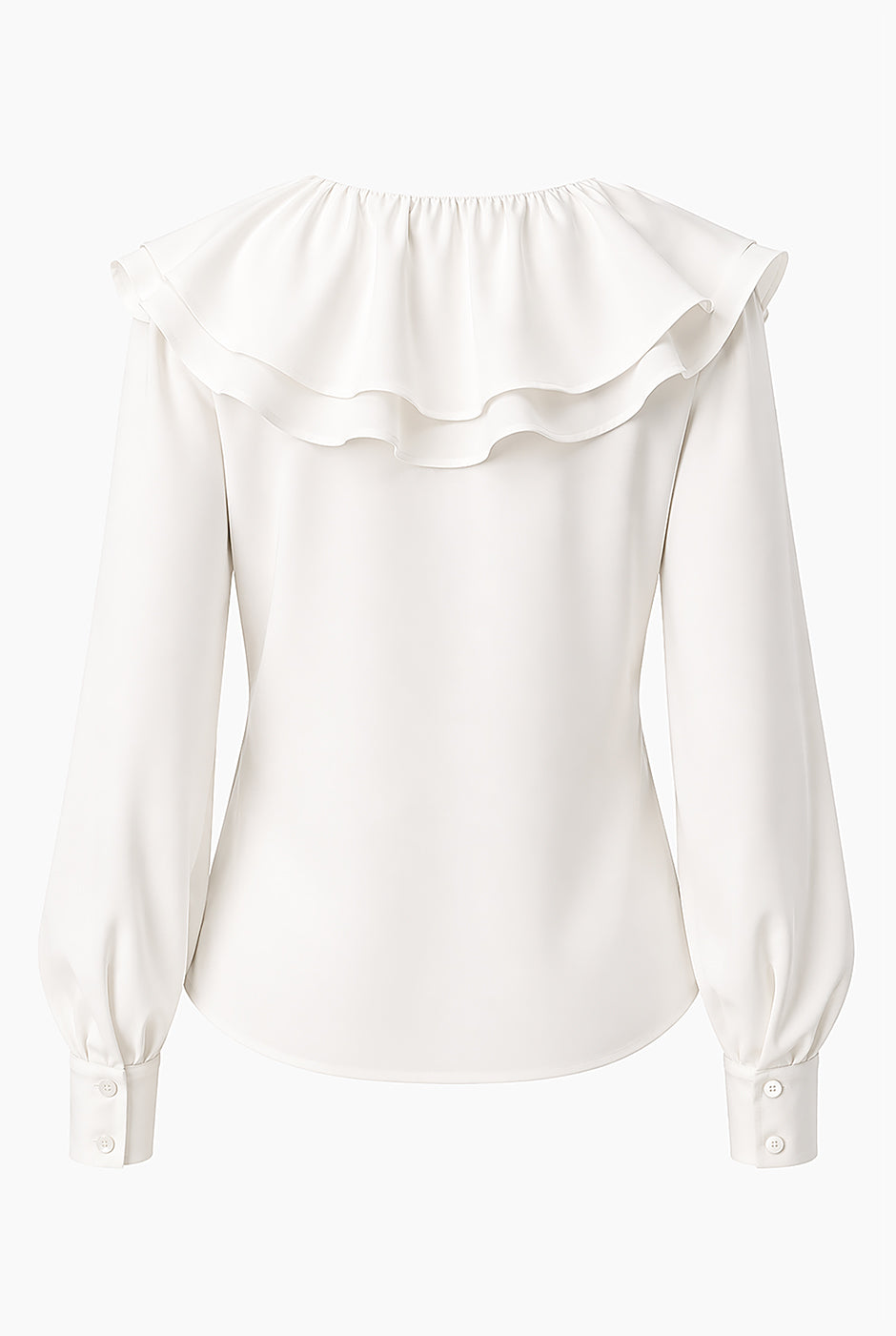 Blusa blanca de manga larga con escote en V y volantes