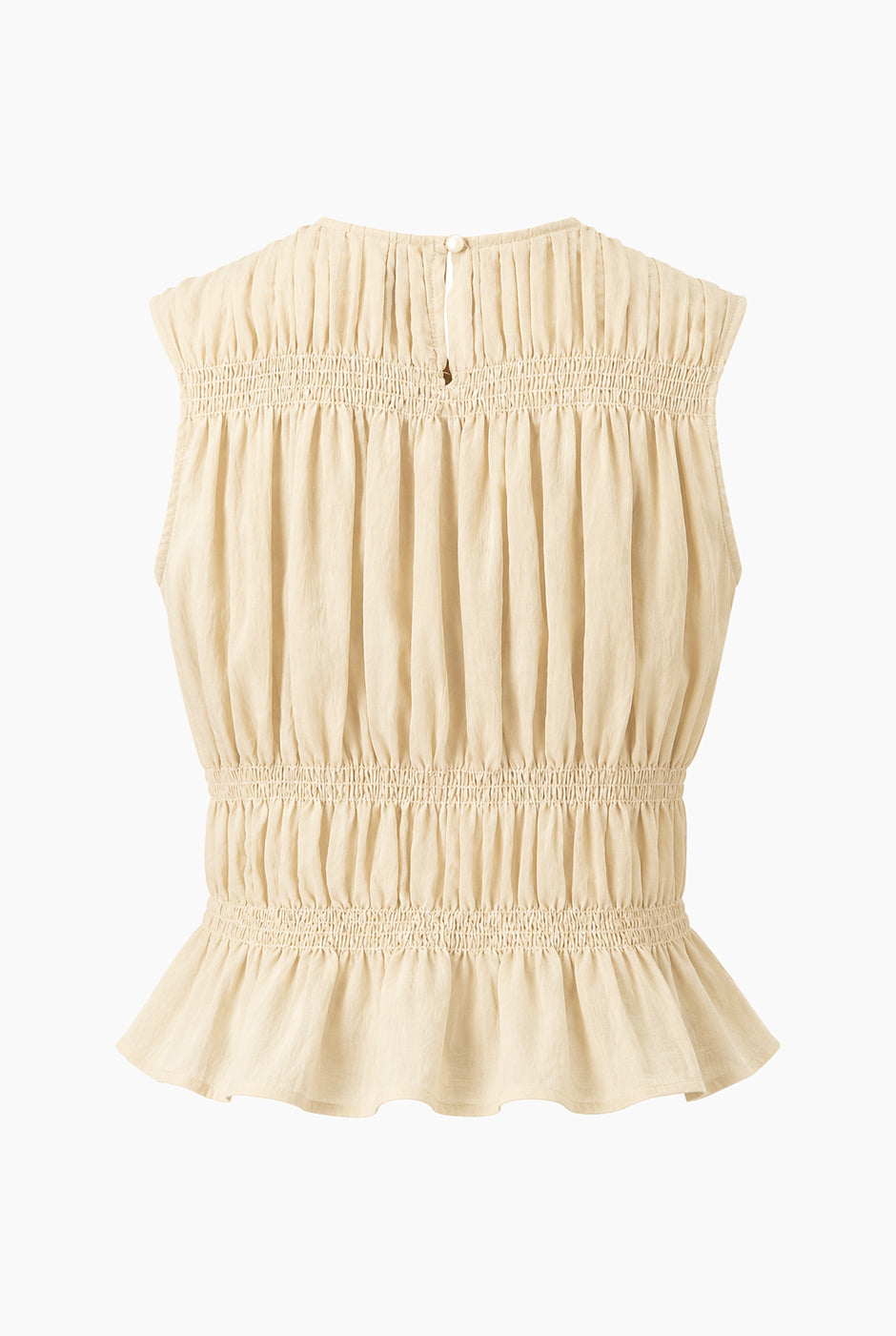 Blusa Ivonne beige sin mangas con volante y smock