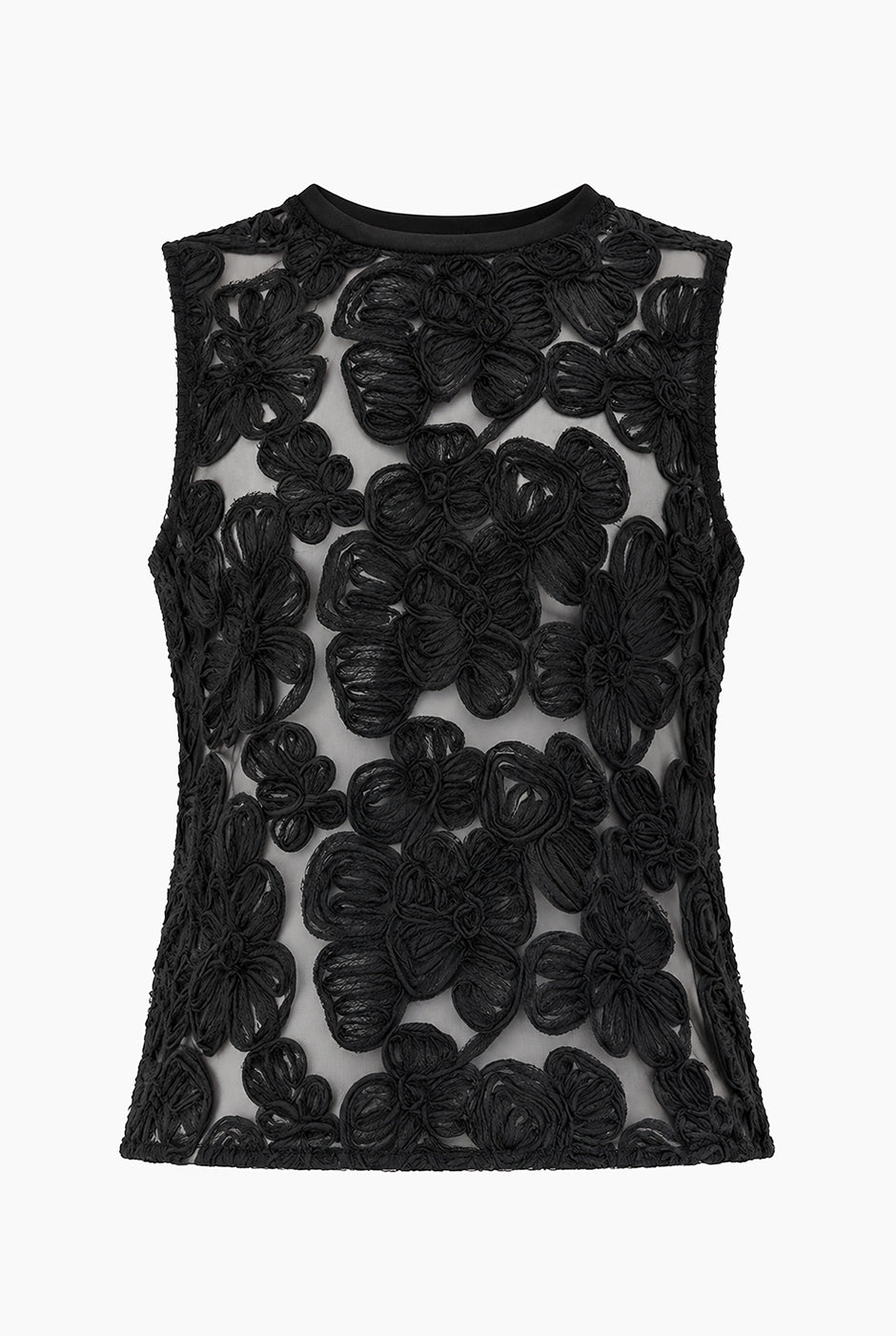 Blusa Ivonne negra con transparencias y aplicaciones florales