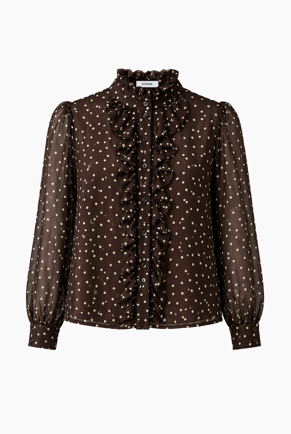 Blusa Ivonne color café con estampado de lunares y volantes