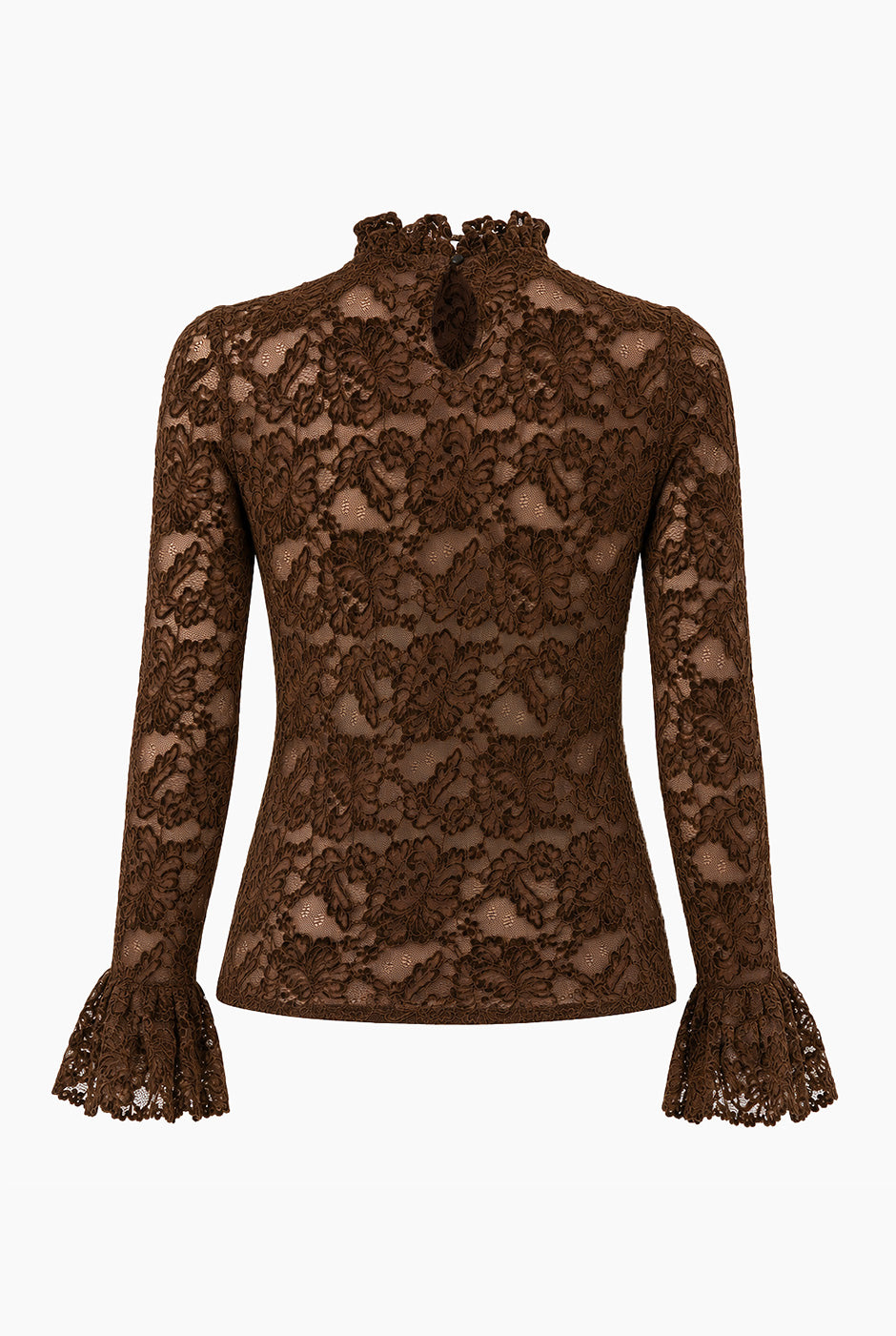 Blusa Ivonne café con encaje floral y puños volantes