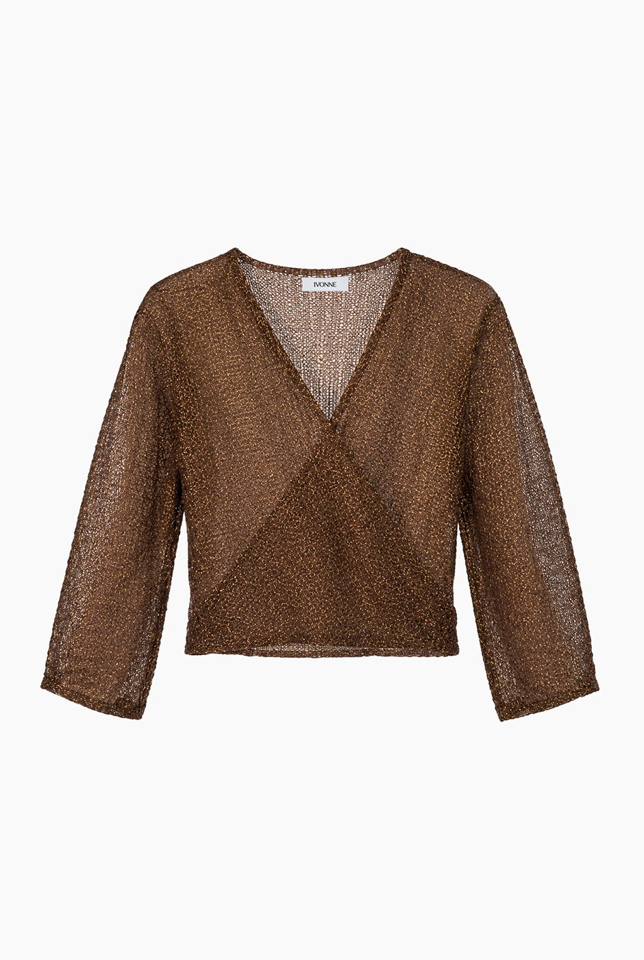 Blusa tejida Ivonne café con escote en V y brillo metálico