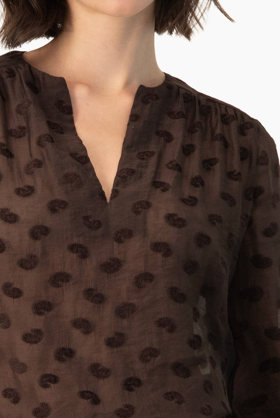Blusa Ivonne café con estampado de puntos y escote en V