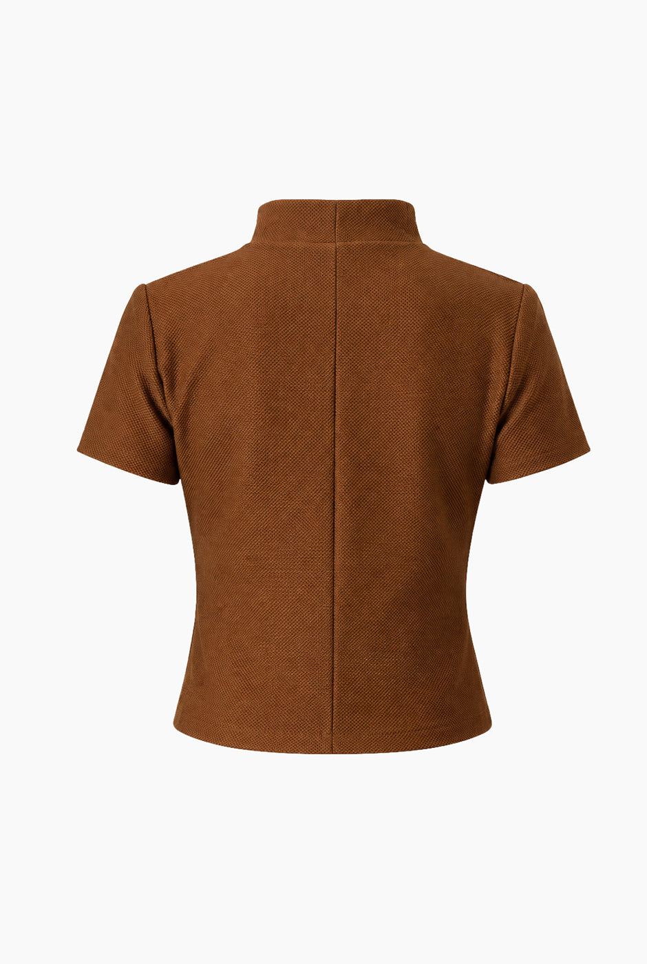 Top Ivonne corto café claro con cuello alto y mangas cortas