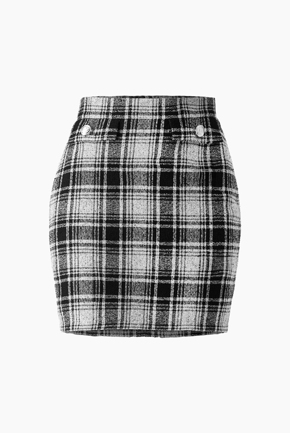 Falda corta negra con botones frontales y cierre trasero