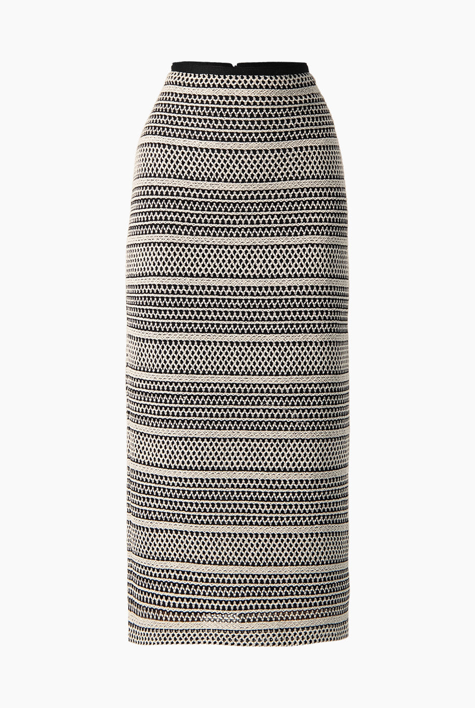 Falda midi negra ajustada con estampado geométrico y abertura trasera