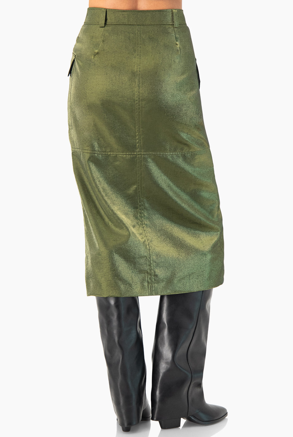 Falda midi verde olivo con abertura frontal y bolsillos