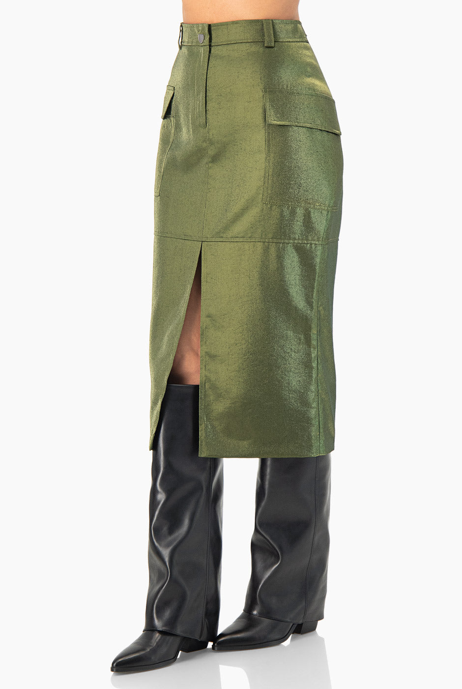 Falda midi verde olivo con abertura frontal y bolsillos