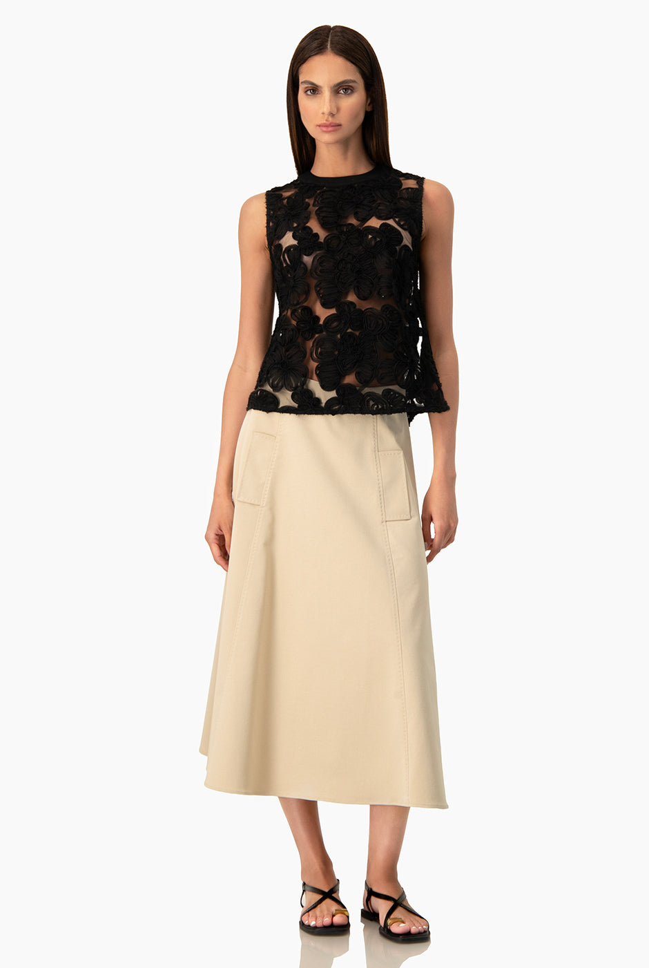 Falda midi beige Ivonne con bolsillos simulados