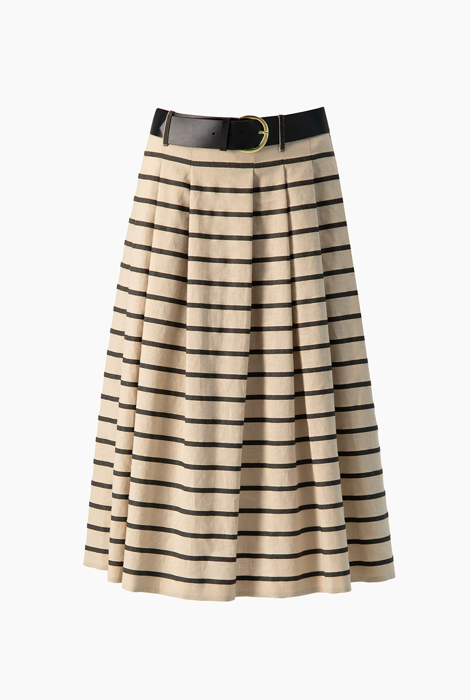 Falda midi beige con rayas y cinturón