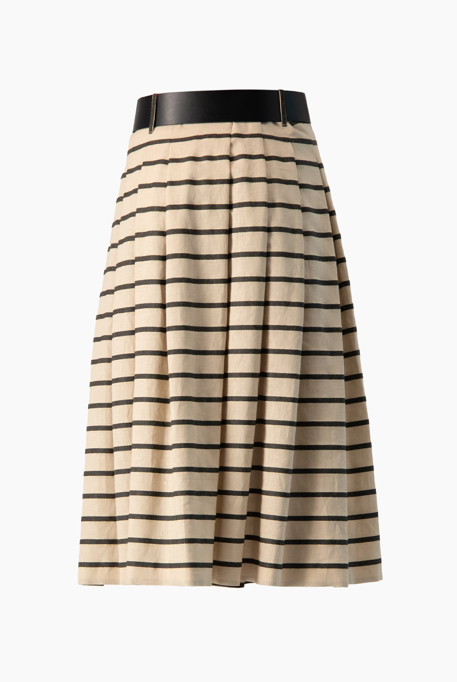 Falda midi beige con rayas y cinturón