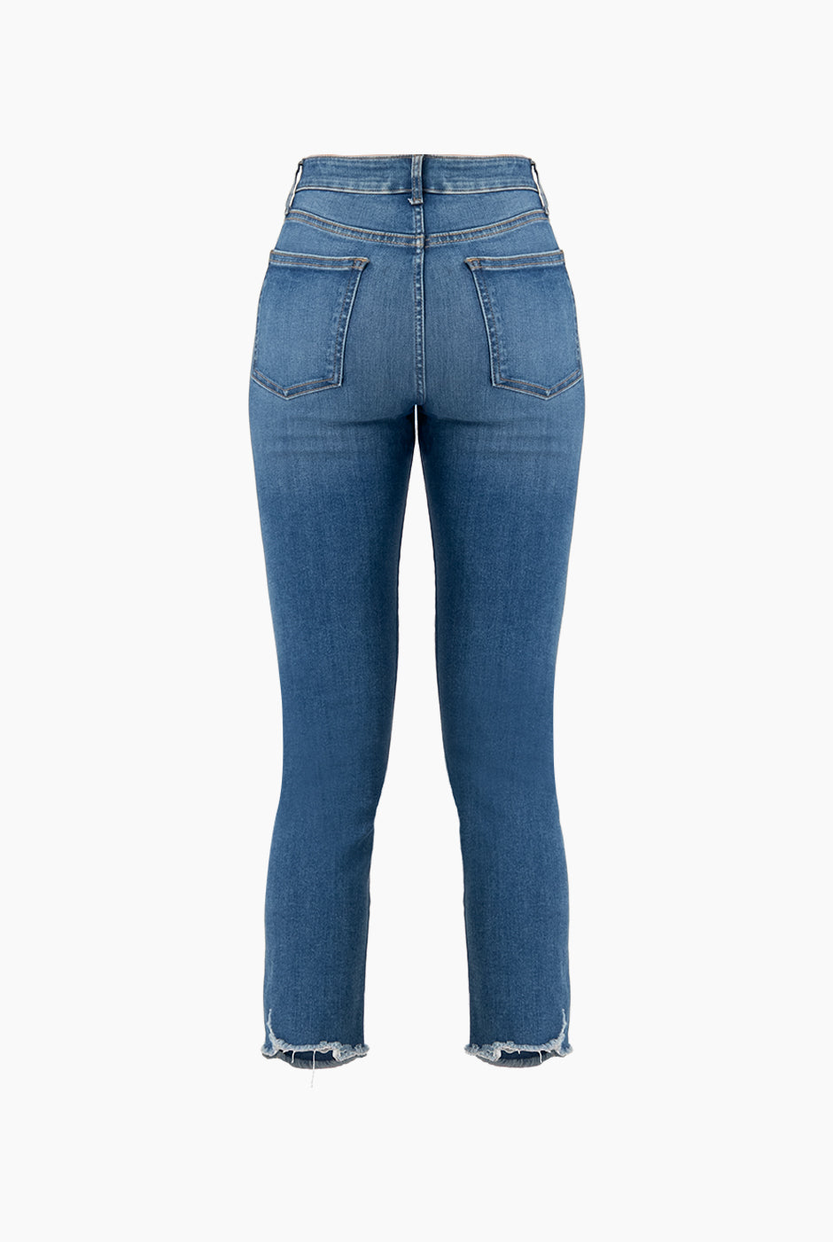 Jeans skinny azul con detalle deshilachado y bolsillos traseros.