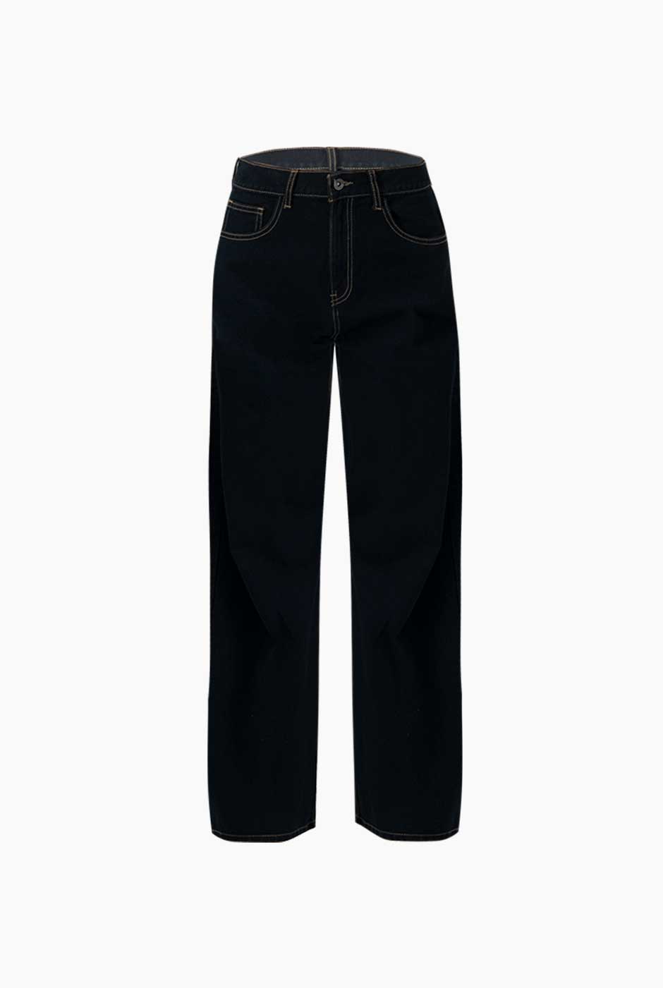 Jeans de mezclilla azul marino con pierna amplia y bolsillos traseros