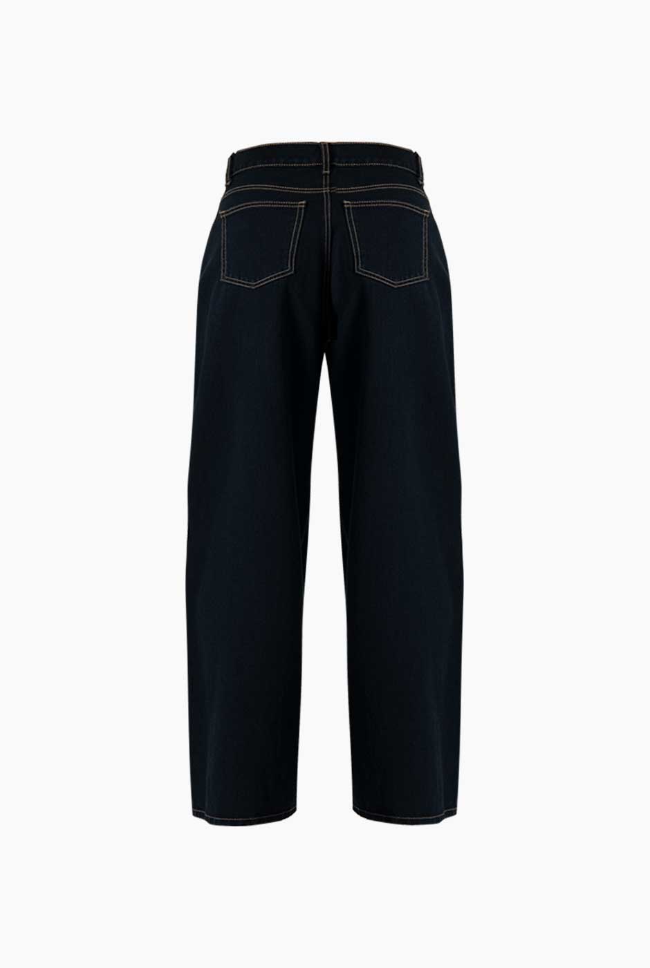 Jeans de mezclilla azul marino con pierna amplia y bolsillos traseros