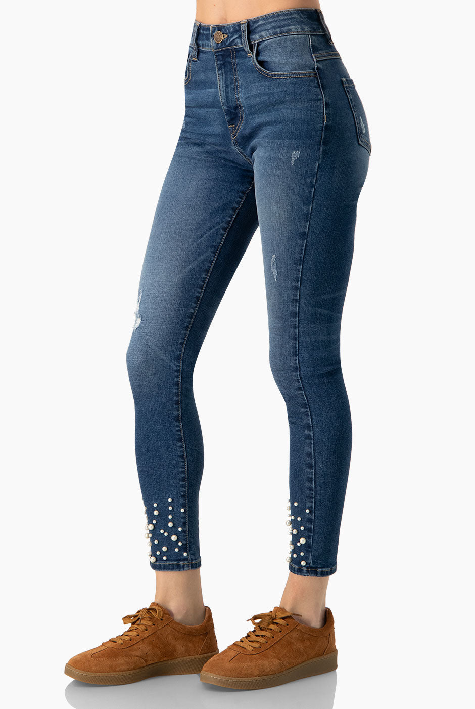 Jeans skinny azul con detalle de perlas en piernas