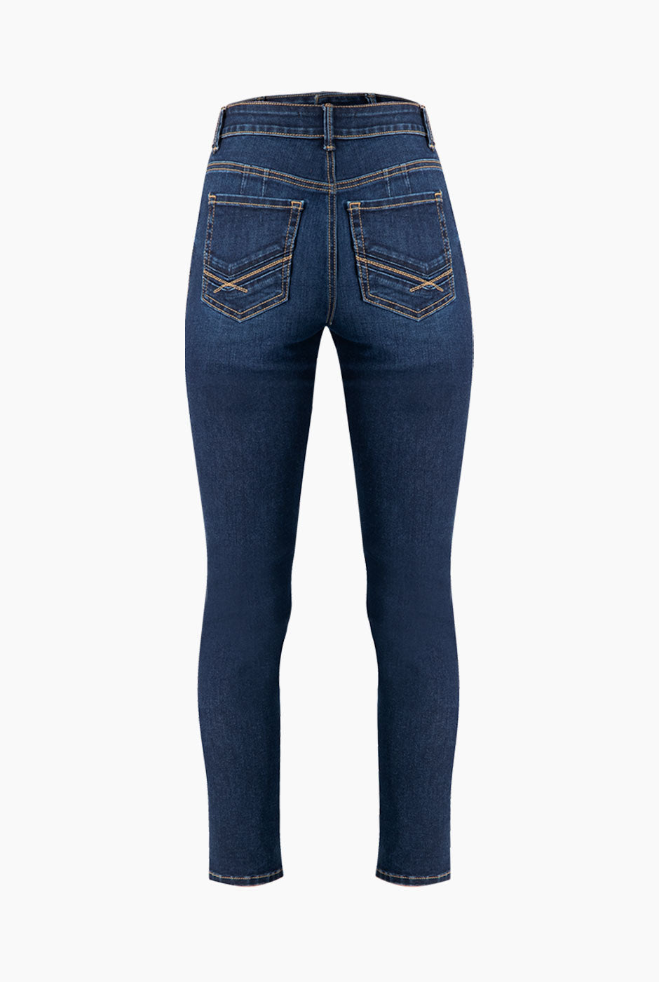 Jeans skinny azul marino con botón frontal y bolsillos traseros