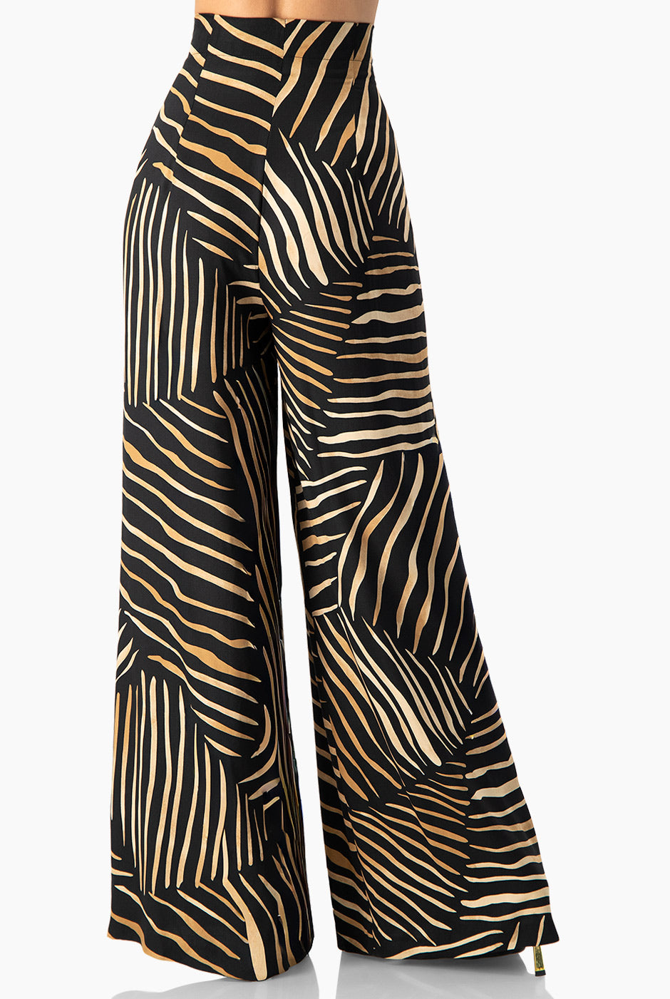 Pantalón amplio negro con estampado de rayas y cierre lateral