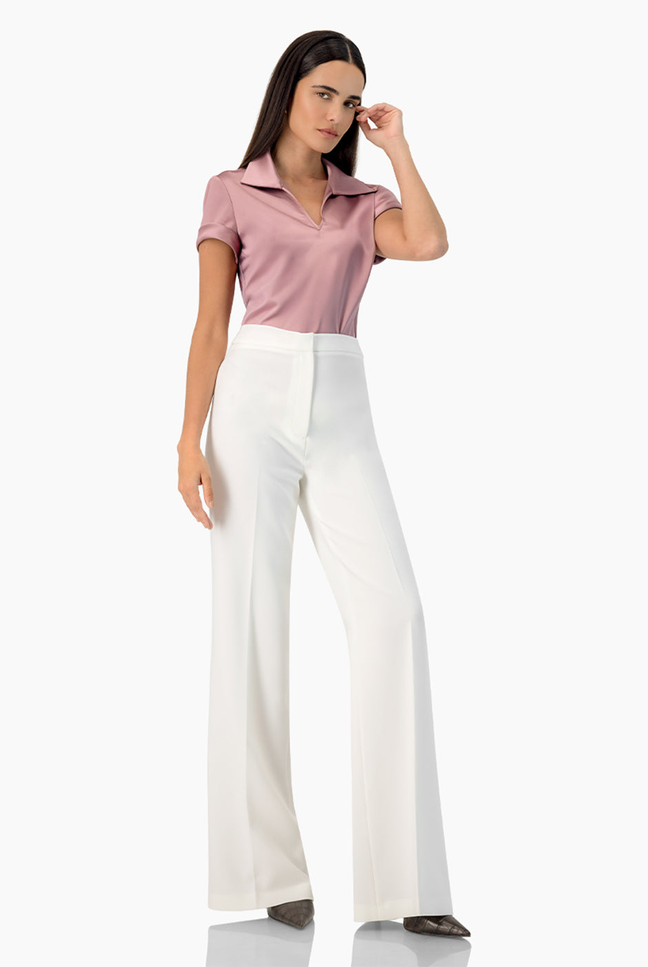 Pantalón recto blanco de pierna ancha sin bolsillos