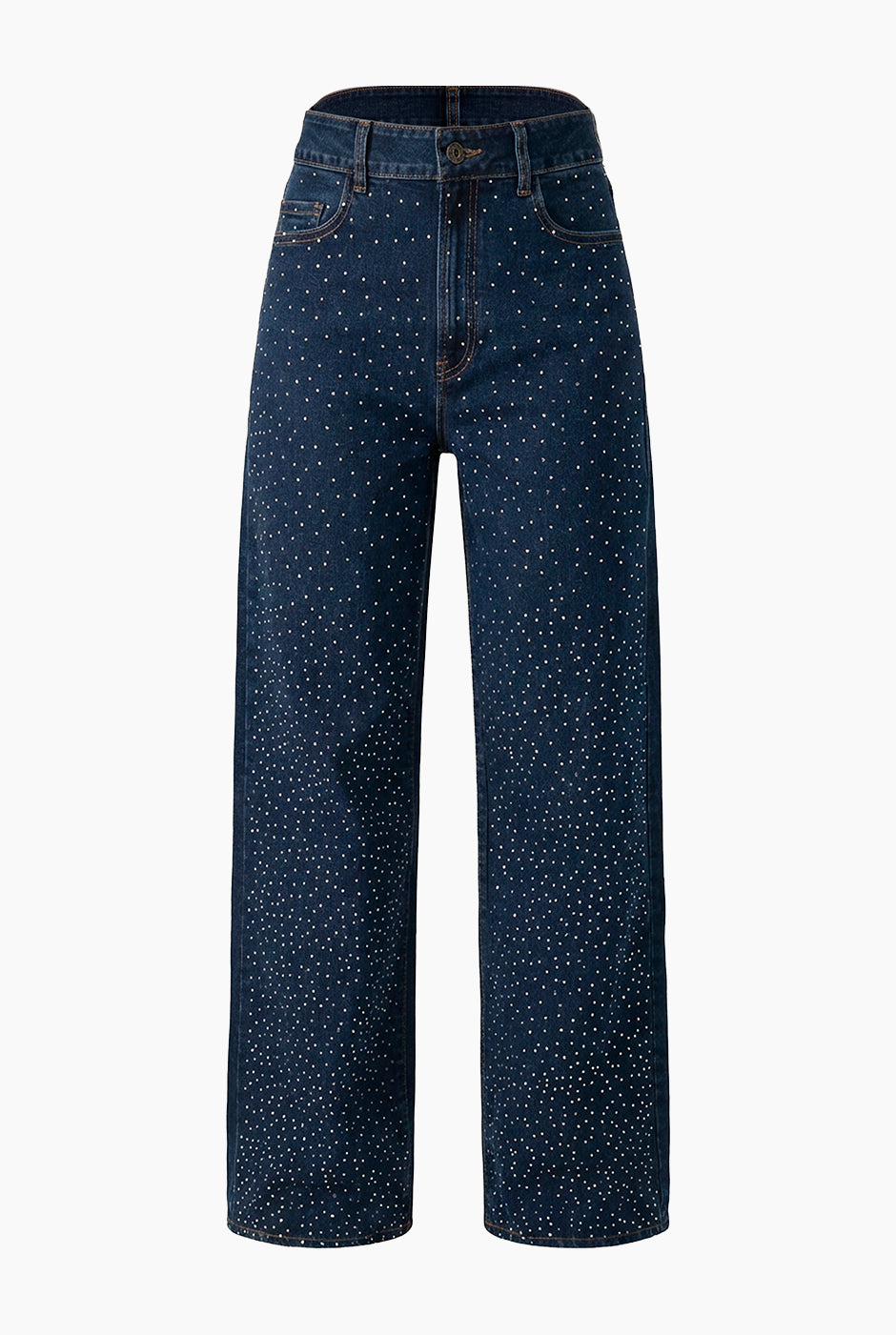 Jeans amplios azules con pedrería y bolsillos de parche