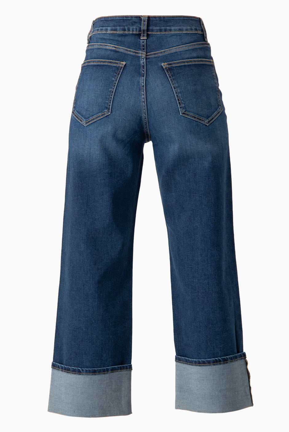 Jeans amplios azul con detalles de pedrería y ruedo doblado