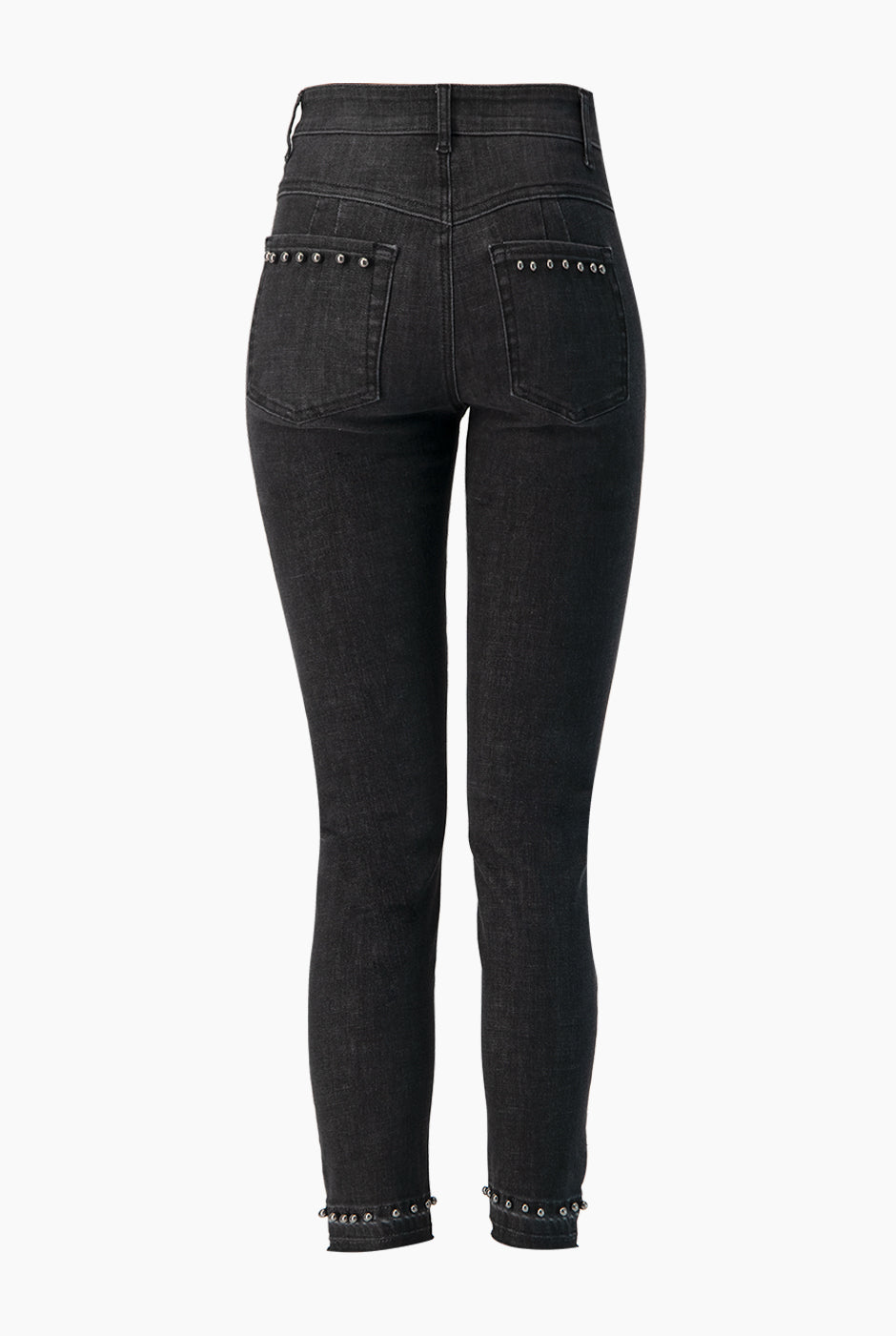 Jeans skinny negros con perlas en bolsillos y ruedo