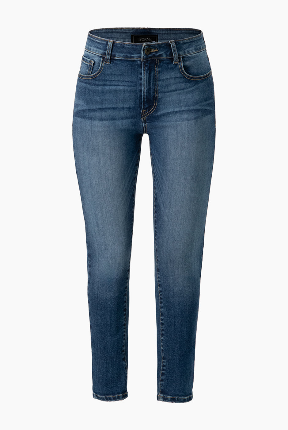 Jeans skinny azul con botón frontal y bolsillos de parche