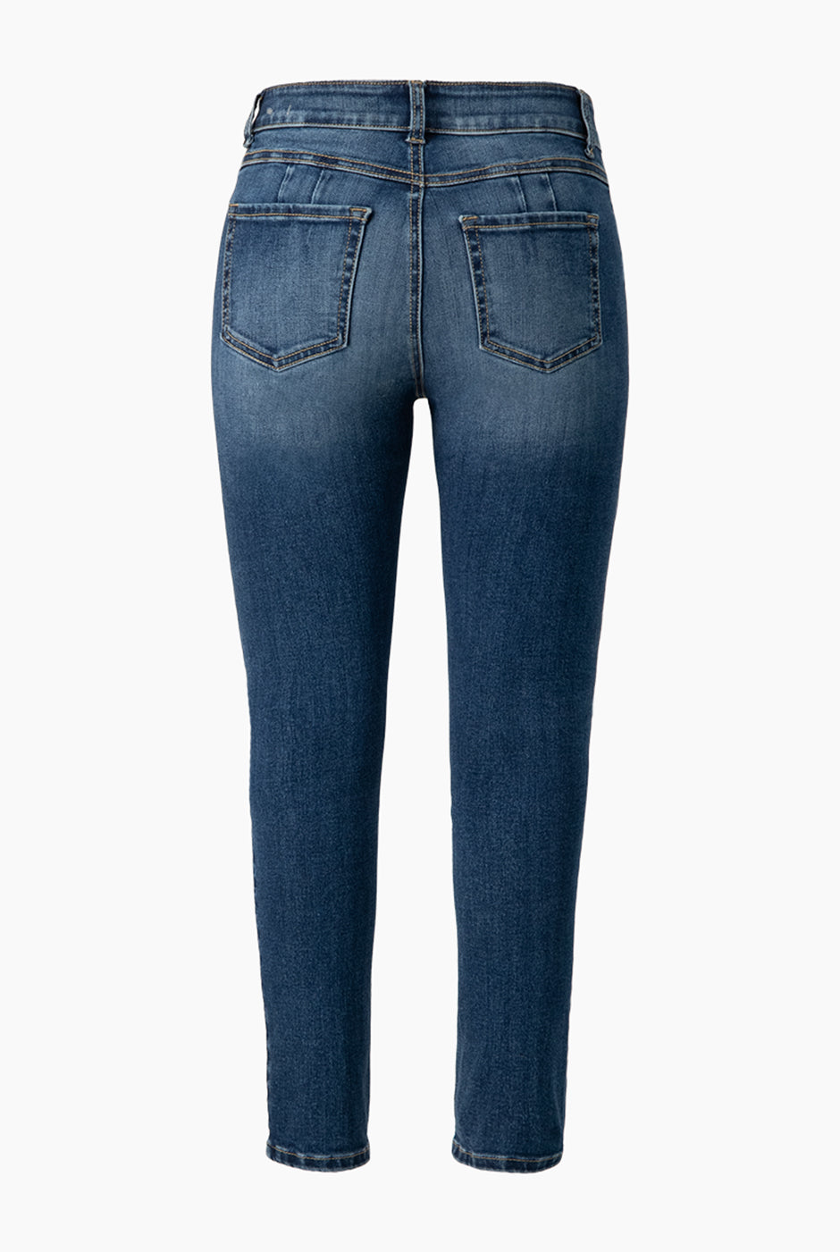 Jeans skinny azul con botón frontal y bolsillos de parche