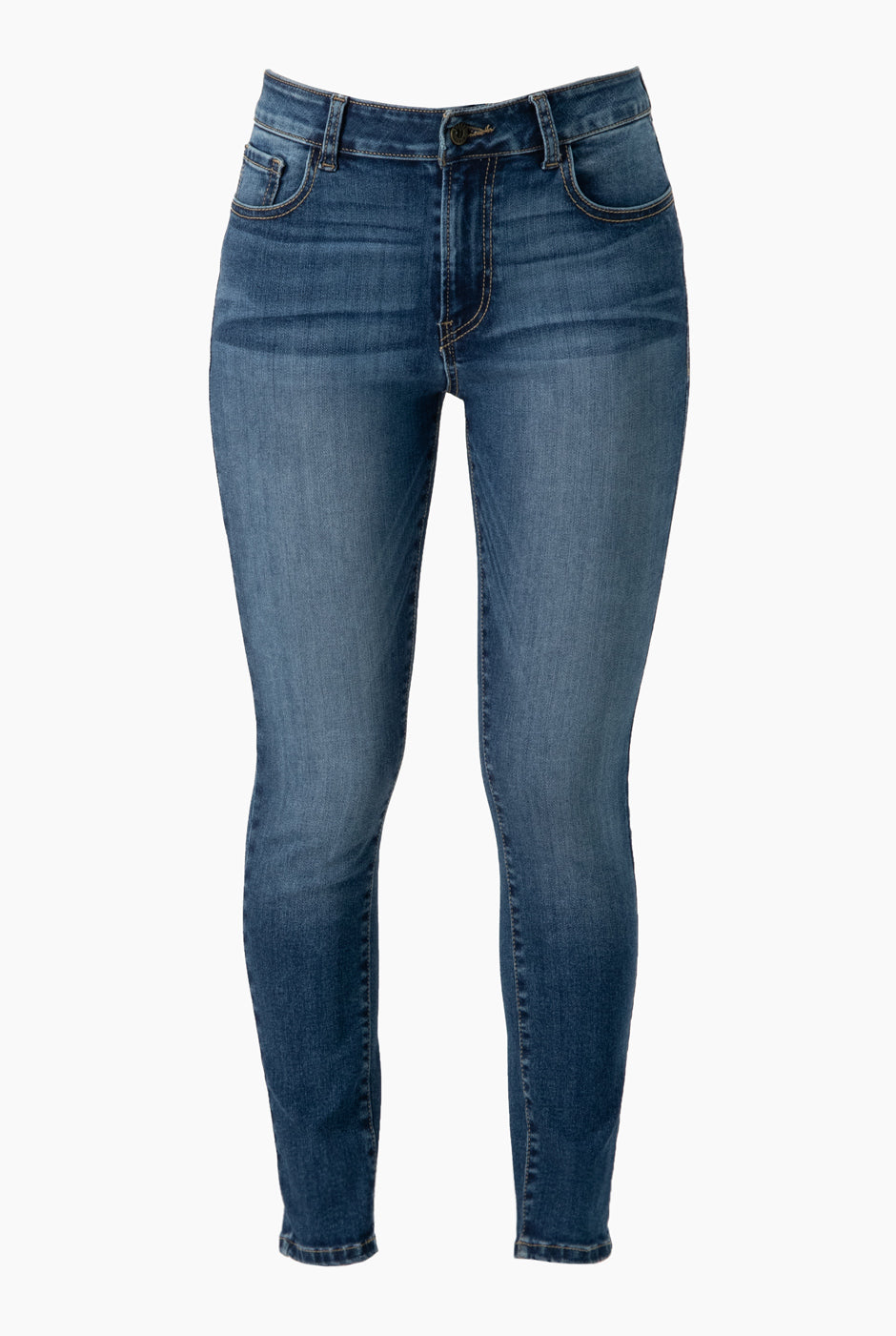 Jeans skinny deslavado azul claro con bolsillos y botón frontal