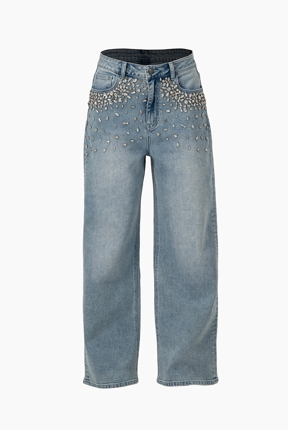 Jeans denim amplio azul claro con pedrería en el frontal