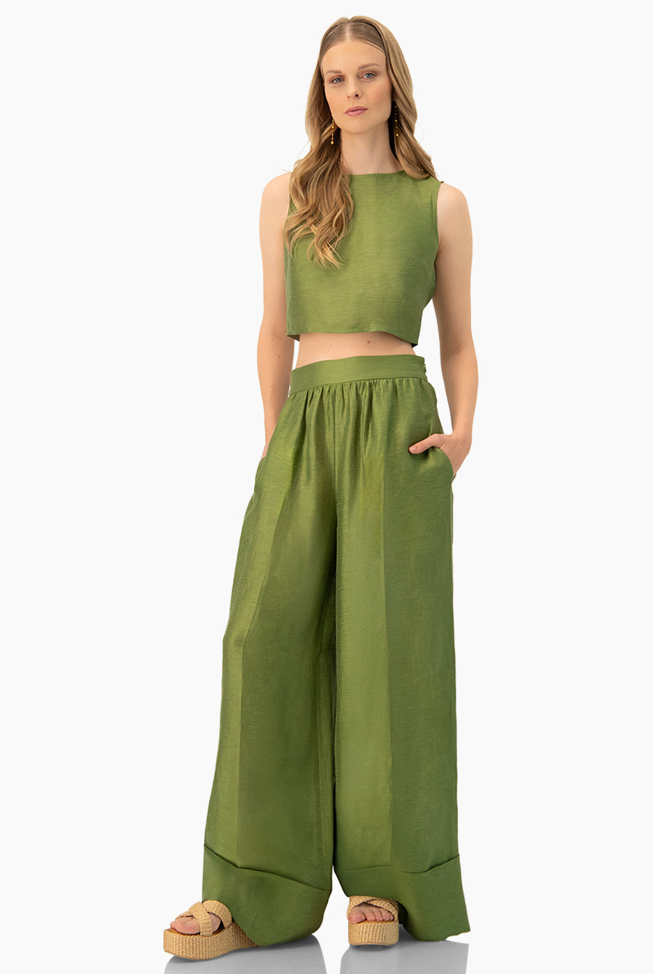 Pantalón verde maxi de pierna ancha con dobladillo amplio