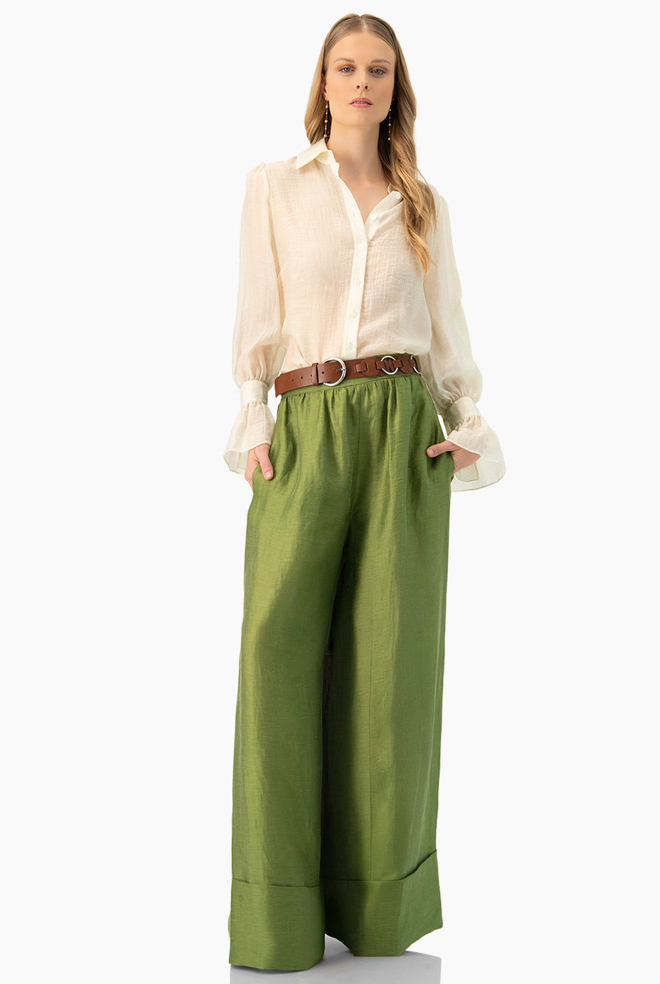 Pantalón verde maxi de pierna ancha con dobladillo amplio