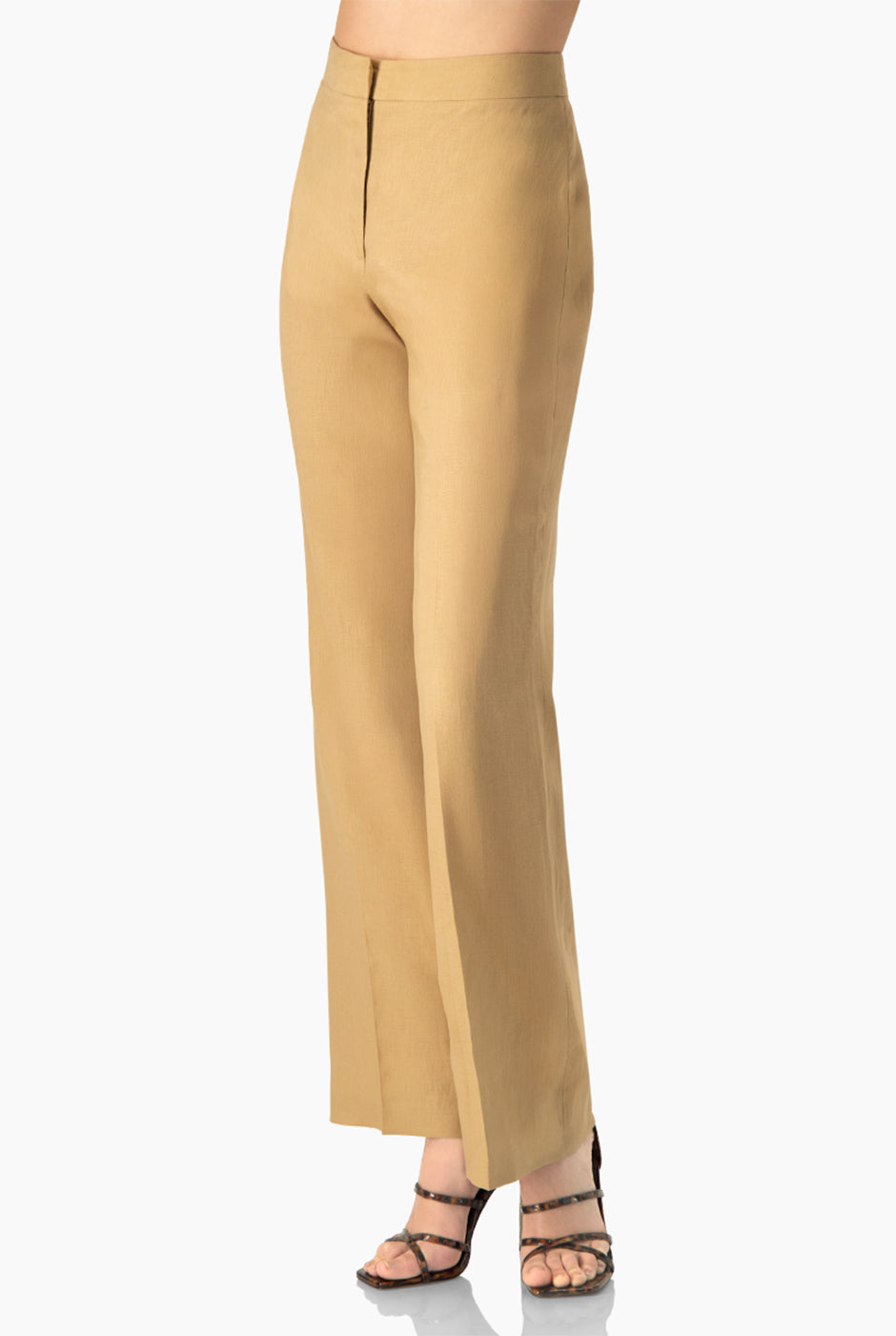 Pantalón beige recto de lino sin bolsillos