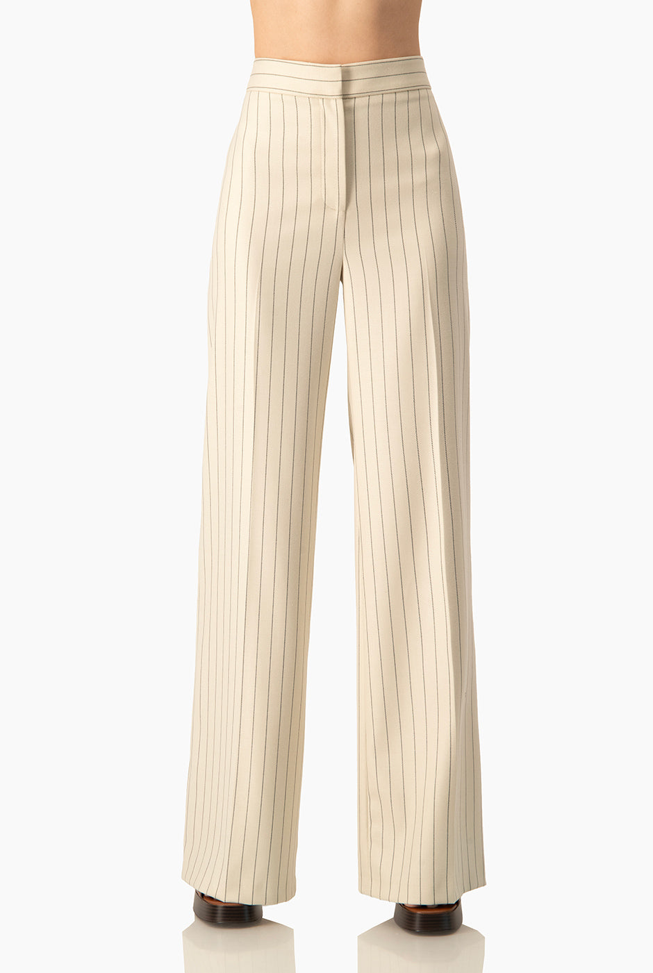 Pantalón beige a rayas verticales de pierna amplia sin bolsillos