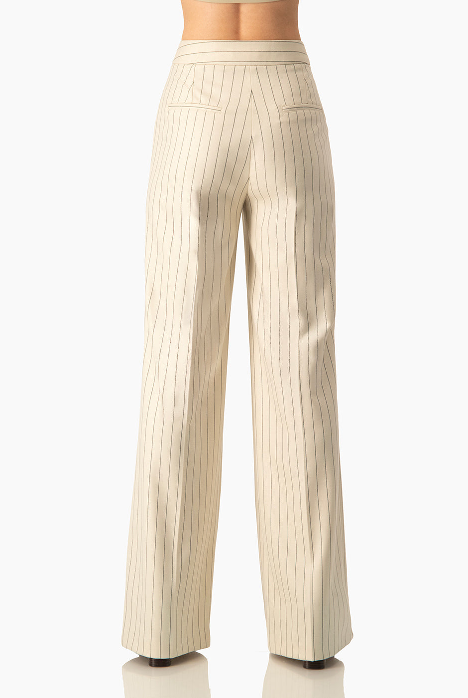 Pantalón beige a rayas verticales de pierna amplia sin bolsillos