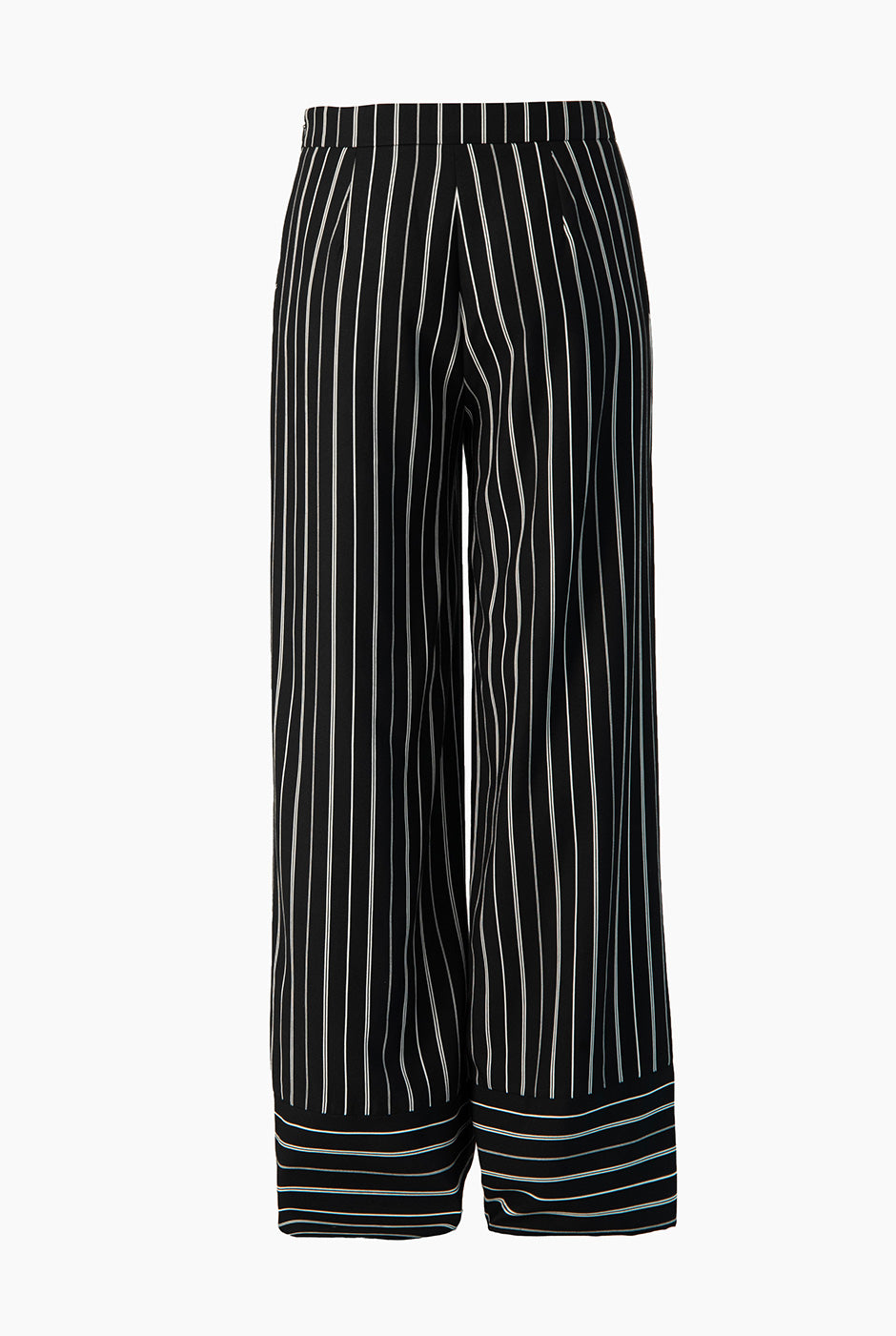 Pantalón negro a rayas con pierna ancha y dobladillo amplio