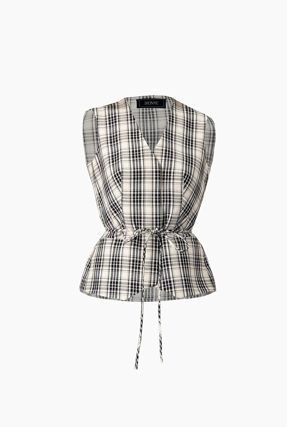 Chaleco cruzado negro con bolsillos y cinta en cintura