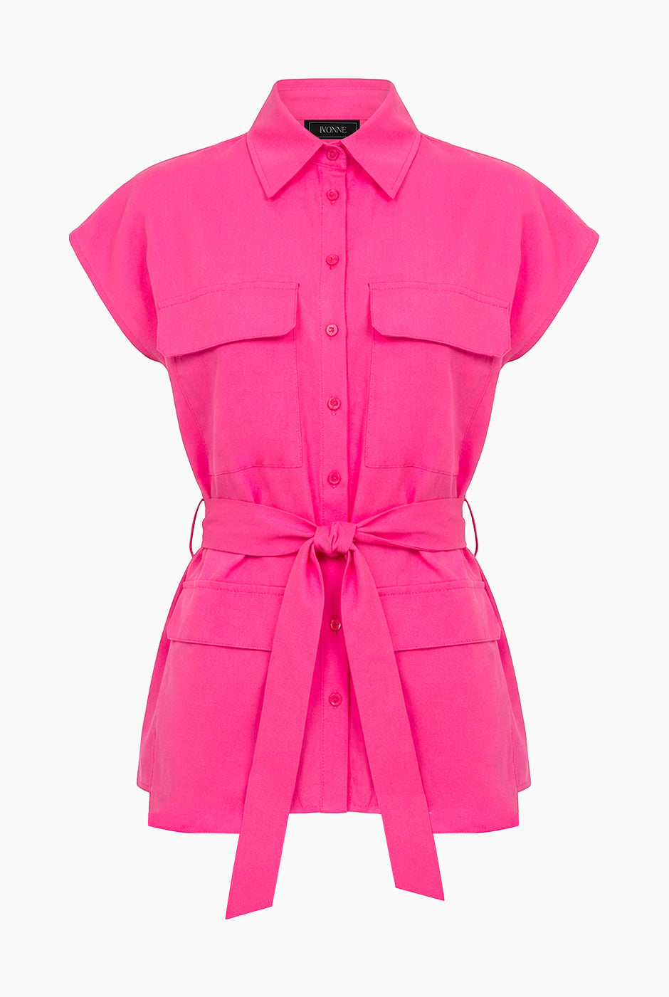 Chaleco fucsia con cinta, bolsillos y botones frontales