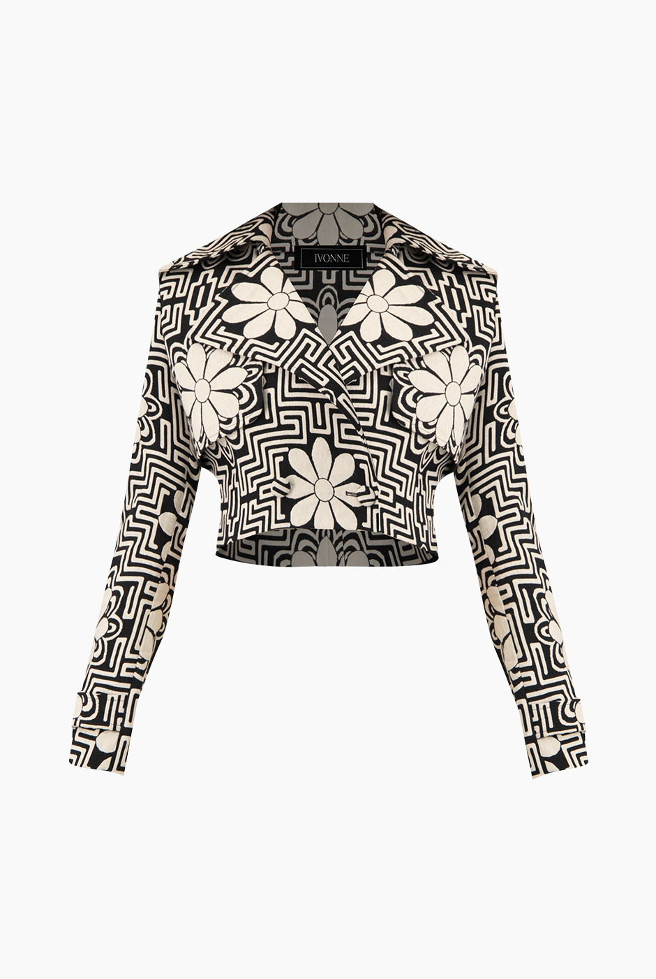 Saco torera negro con estampado floral y geométrico