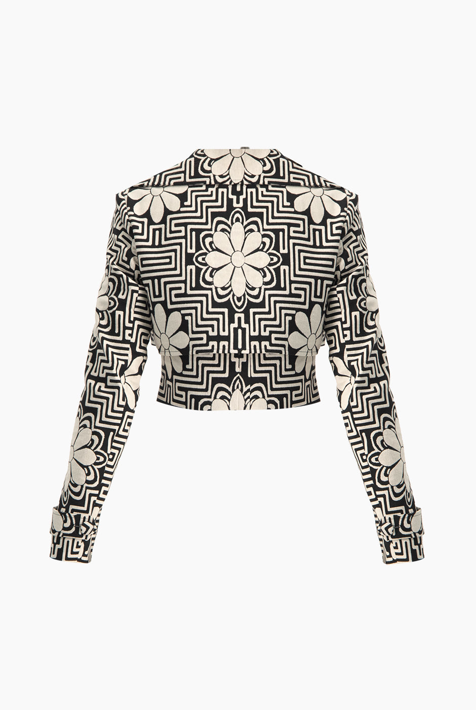 Saco torera negro con estampado floral y geométrico