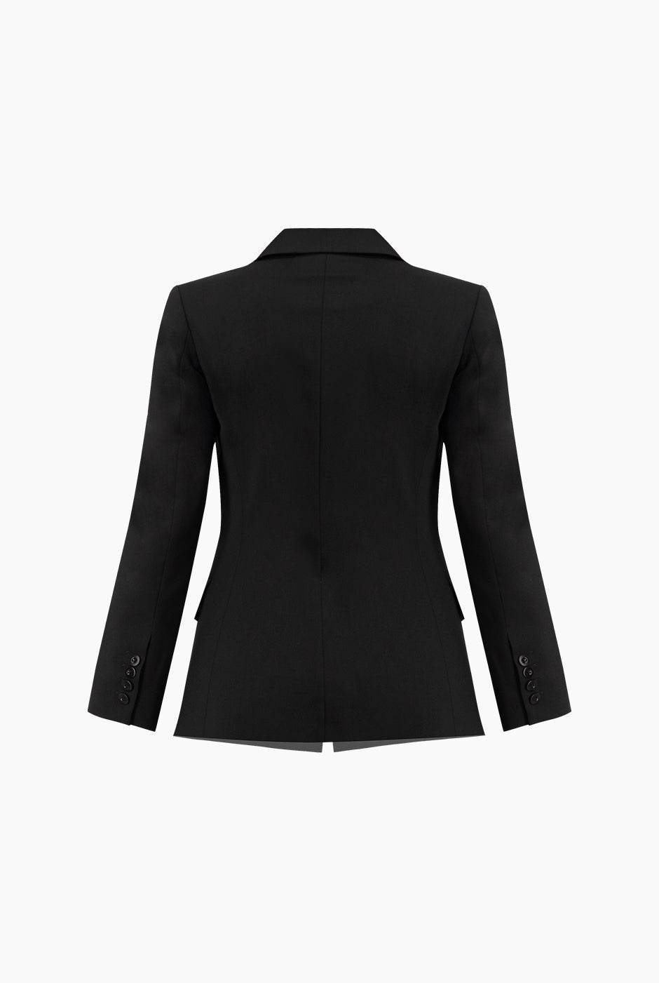 Saco negro cruzado con botones y bolsillos